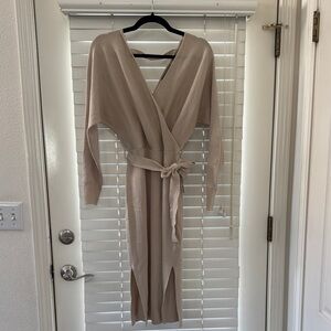 Tan Wrap-Front Mid-Length Dress